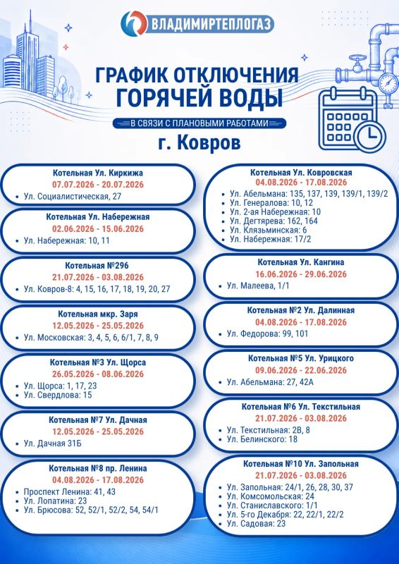ГОРОД КОВРОВ. Уважаемые жители! ООО «Владимиртеплогаз» сообщает о плановых летних отключениях горячего водоснабжения